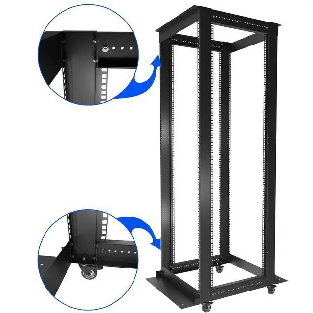Alt view image 6 of 7 - 42U Open Frame Rack, Adjustable 24-37", 19-Inch EIA-310 | 4-post steel frame, square mounting holes, casters, cage nuts and screws