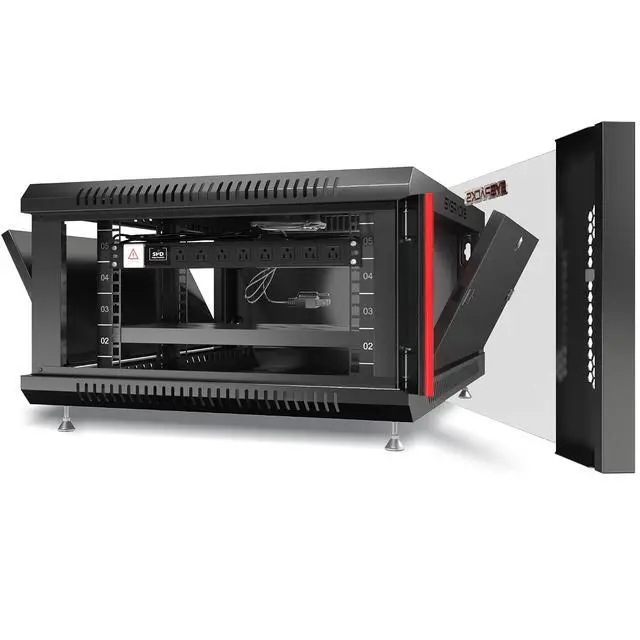 Alt view image 3 of 6 - 6U Wall Mount Server Rack, 18" Deep, 19-Inch EIA-310 | Fan, shelf, 8-outlet powerbar, standing feet, dust-tight cable entries