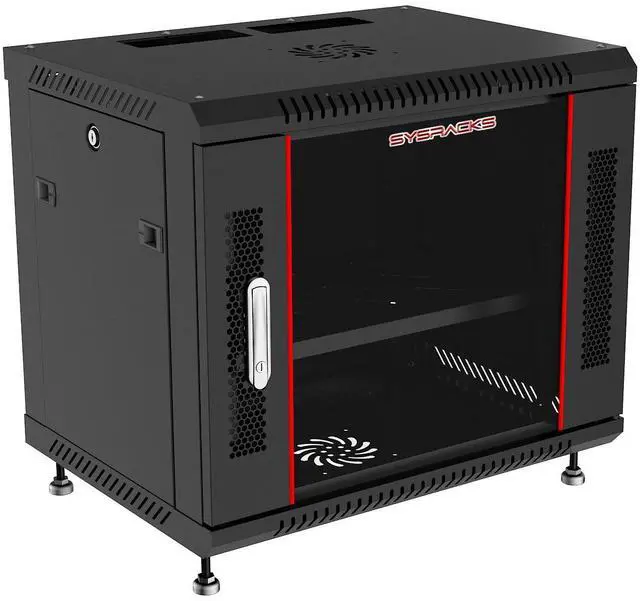 Main image of 9U Wall Mount Server Rack, 18" Deep, 19-Inch EIA-310 | Fan, shelf, 8-way PDU, dust-tight grommets, lockable enclosure