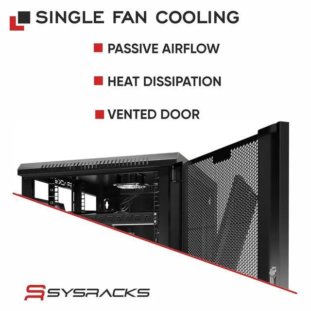 Alt view image 5 of 7 - 6U Wall Mount Server Rack, 24" Deep, Mesh Door, 19-Inch | Fan, PDU, shelf, cable brush panels, mounting hardware, casters and feet