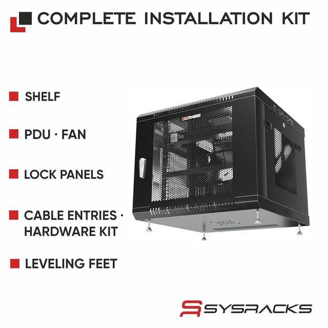 Alt view image 4 of 7 - 9U Wall Mount Server Rack Cabinet 24 Deep, 19 Network & AV Enclosure for Home Lab with Fan, PDU, 1 Shelf, Locking Mesh Door