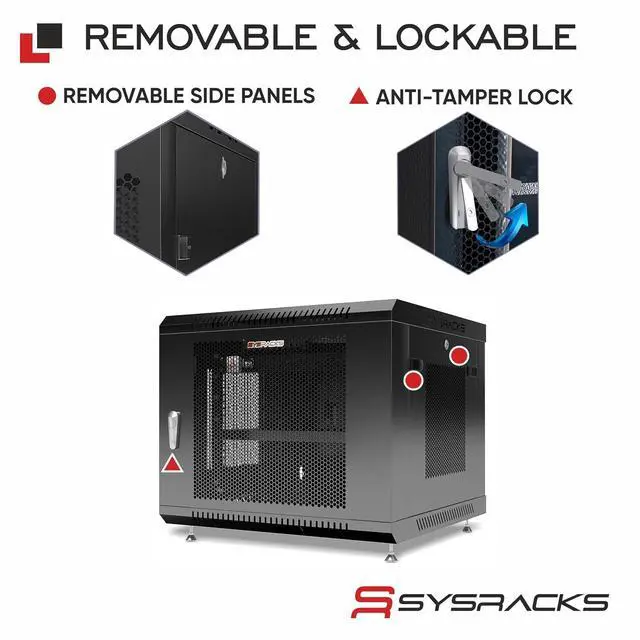 Alt view image 5 of 7 - 9U Wall Mount Server Rack Cabinet 24 Deep, 19 Network & AV Enclosure for Home Lab with Fan, PDU, 1 Shelf, Locking Mesh Door