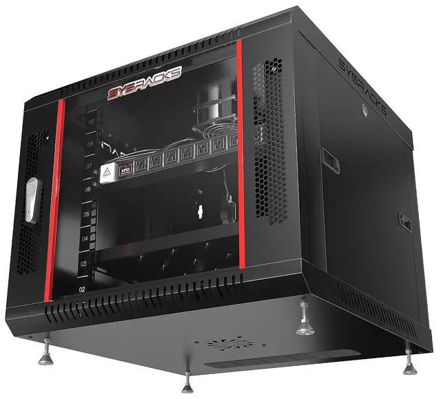Alt view image 6 of 6 - 9U Wall Mount Server Rack, 18" Deep, 19-Inch EIA-310 | Fan, shelf, 8-way PDU, dust-tight grommets, lockable enclosure