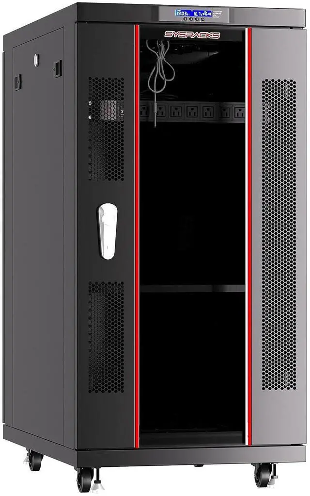 Main image of 22U Server Rack Cabinet, 39" Deep, Glass Door, 19-Inch | 4-fan thermostat cooling, 8-outlet PDU, shelf, casters, cable entry brushes