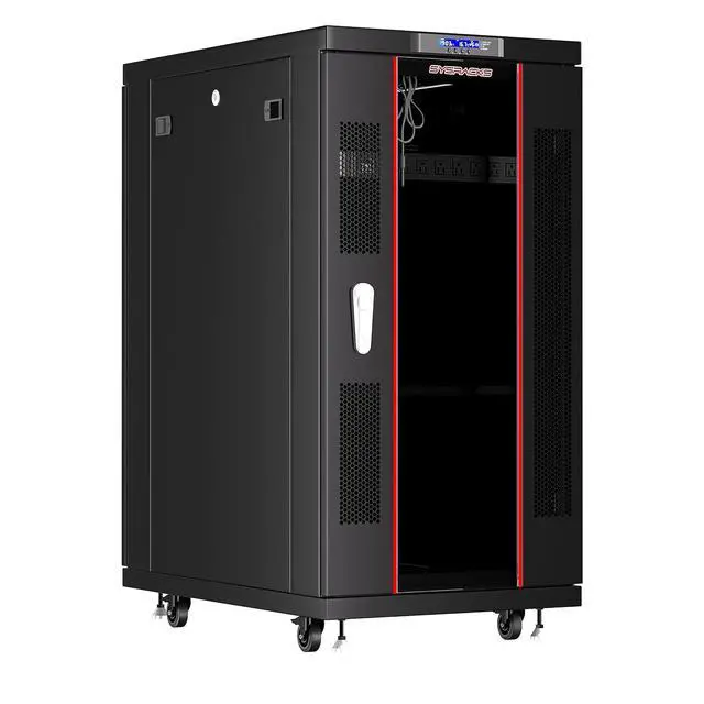 Alt view image 3 of 7 - 27U Server Rack Cabinet, 32" Deep, Glass Door, 19-Inch | LCD thermostat, 4 fans, 8-outlet PDU, shelf, casters, cable entries