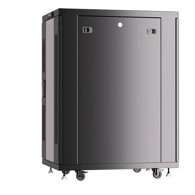 Alt view image 4 of 7 - 27U Server Rack Cabinet, 32" Deep, Glass Door, 19-Inch | LCD thermostat, 4 fans, 8-outlet PDU, shelf, casters, cable entries