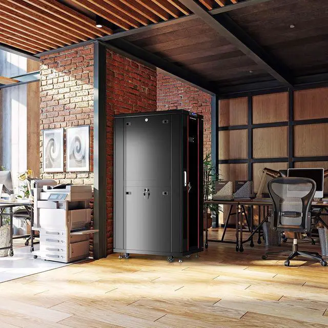 Alt view image 2 of 7 - 27U Server Rack Cabinet, 39" Deep, Glass Door, 19-Inch | Cooling fans, PDU, shelf, casters, leveling feet, cable entry brushes