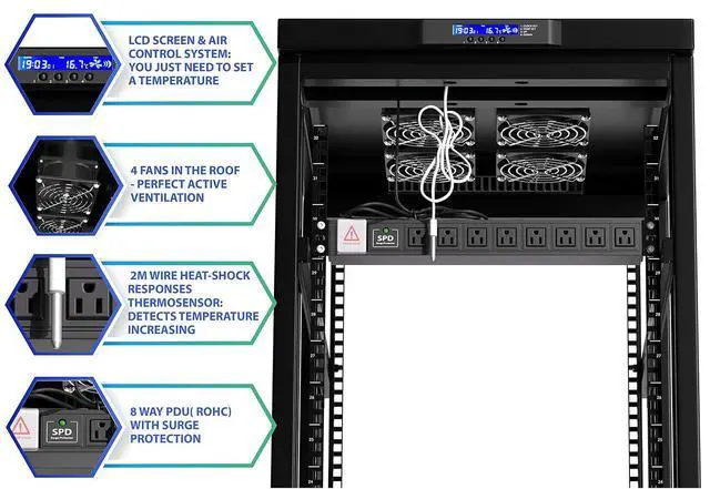 Alt view image 7 of 7 - 27U Server Rack Cabinet, 32" Deep, Glass Door, 19-Inch | LCD thermostat, 4 fans, 8-outlet PDU, shelf, casters, cable entries