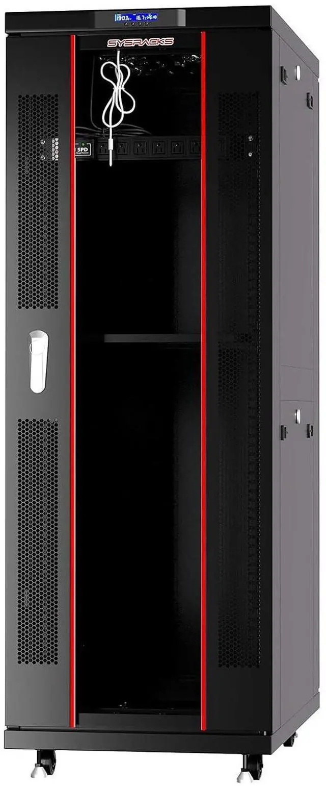 Main image of 37U Server Rack Cabinet, 39" Deep, 19-Inch EIA-310 | LCD thermostat, 4 cooling fans, PDU, shelf, casters, lockable enclosure