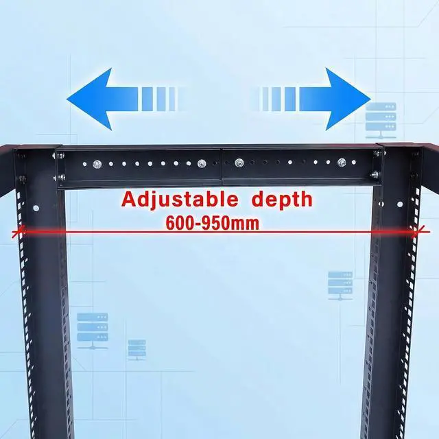 Alt view image 5 of 7 - 42U Open Frame Rack, Adjustable 24-37", 19-Inch EIA-310 | 4-post steel frame, square mounting holes, casters, cage nuts and screws