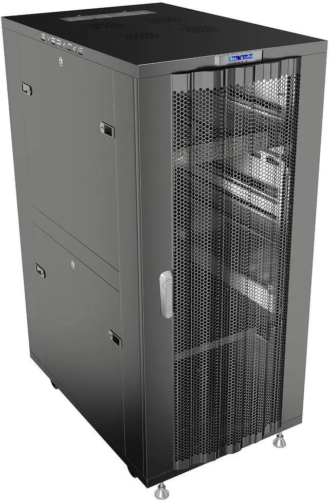 Main image of 32U Network Rack Cabinet, 24" Deep, Mesh Door, 19-Inch | 4-fan thermostat cooling, PDU, shelf, casters, cable brushes, 1600 lb capacity