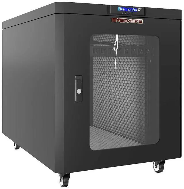 Main image of 12U Soundproof Server Cabinet, 19-Inch, Glass Door | Dual fans, thermostat control, acoustic enclosure, PDU, shelf, casters