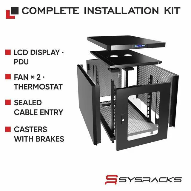 Alt view image 6 of 7 - 12U Soundproof Server Cabinet, 19-Inch, Glass Door | Dual fans, thermostat control, acoustic enclosure, PDU, shelf, casters
