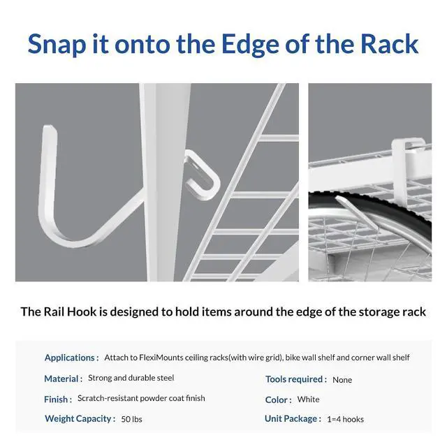 Alt view image 4 of 7 - 4 Pack Add On Storage Rail Hook Accessory for Ceiling Rack and Wall Shelving, Max Weight Capacity up to 50lbs, White