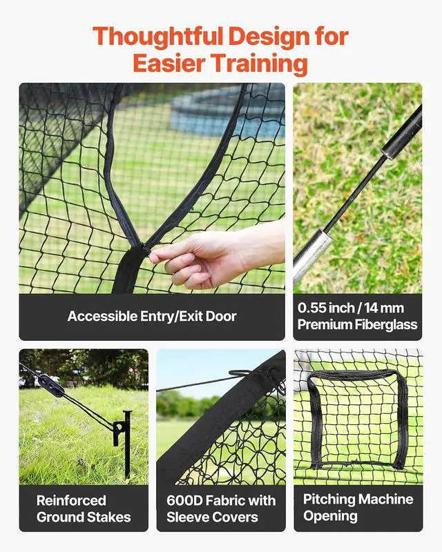 Alt view image 4 of 7 - Baseball Batting Cage,Professional Softball Baseball Batting Hitting Training Net,Heavy Duty Enclosed PE Practice Portable Pitching Cage Net&Carry Bag,for Backyard,Field,Indoor&Outdoor