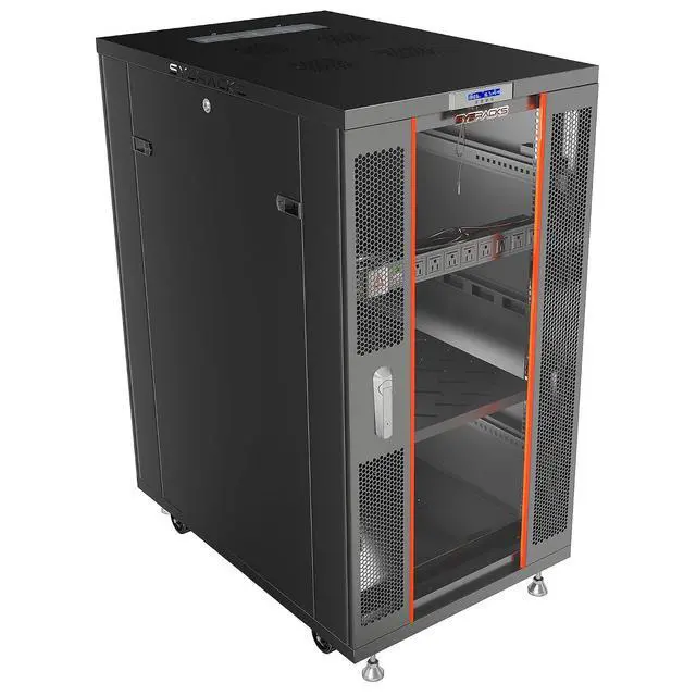 Main image of 27U Server Rack Cabinet, 39" Deep, Glass Door, 19-Inch | Cooling fans, PDU, shelf, casters, leveling feet, cable entry brushes