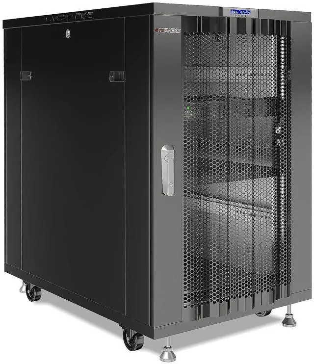 Main image of 18U Server Rack Cabinet, 32" Deep, 19-Inch EIA-310 | LCD thermostat, 4-fan cooling, PDU, shelf, casters, 1600 lb capacity