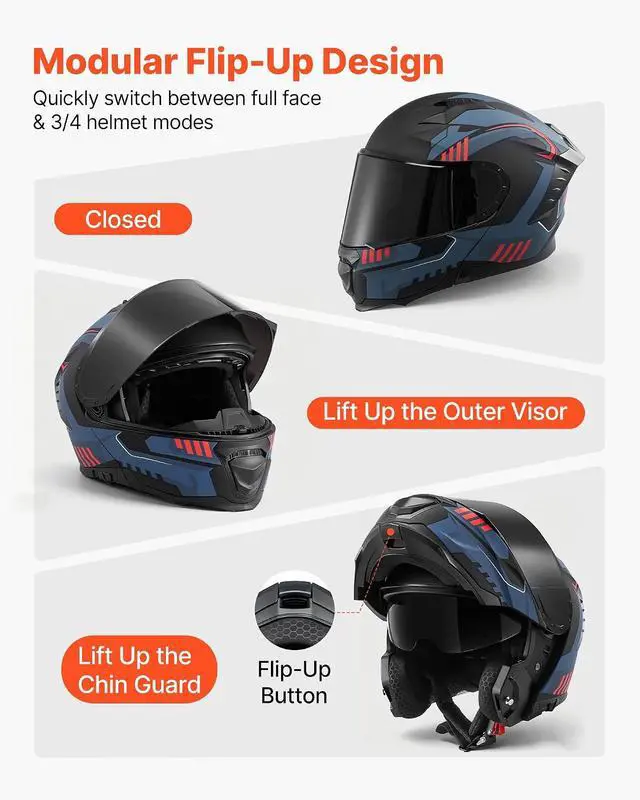 Alt view image 2 of 7 - Motorcycle Helmet DOT Approved, Adult Motocross Dirt Bike Helmet with Large Clear Visor, Comfortable Motorbike Racing Street with Detachable Liner for Men & Women