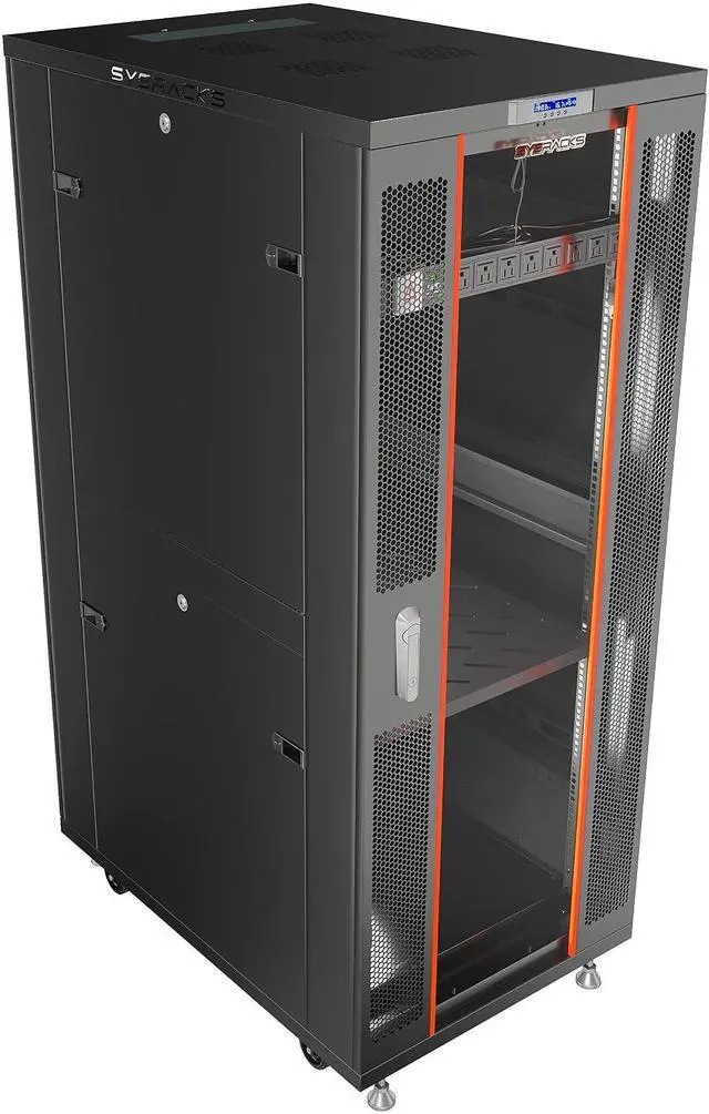 Main image of 37U Server Rack Cabinet, 32" Deep, Glass Door, 19-Inch | 4-fan thermostat cooling, PDU, shelf, casters, cable brushes, 1600 lb capacity