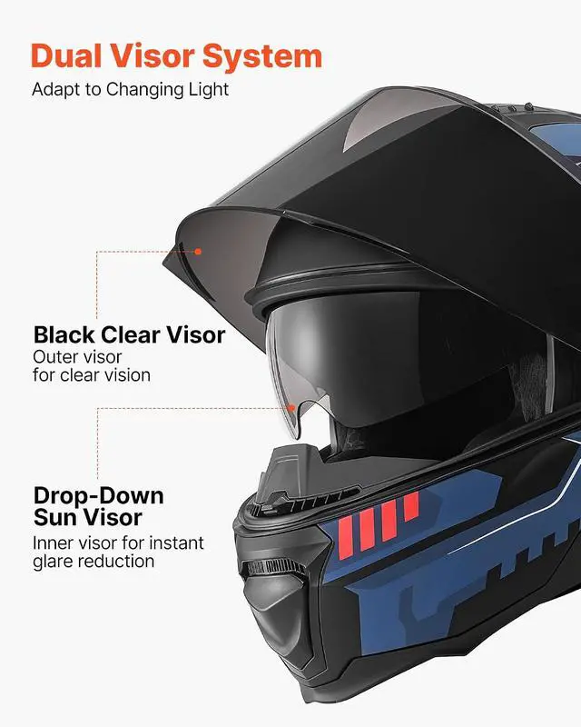 Alt view image 5 of 7 - Motorcycle Helmet DOT Approved, Adult Motocross Dirt Bike Helmet with Large Clear Visor, Comfortable Motorbike Racing Street with Detachable Liner for Men & Women