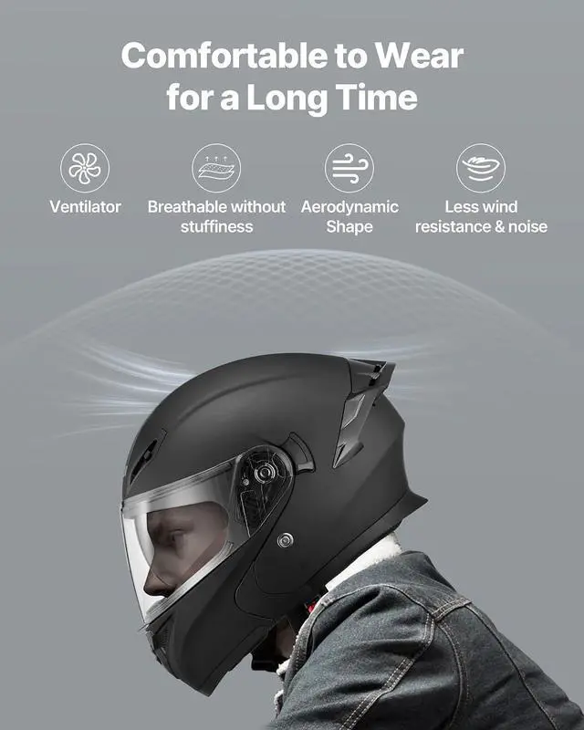 Alt view image 5 of 7 - Motorcycle Helmet DOT Approved, Adult Motocross Dirt Bike Helmet with Large Clear Visor, Comfortable Motorbike Racing Street with Detachable Liner for Men & Women