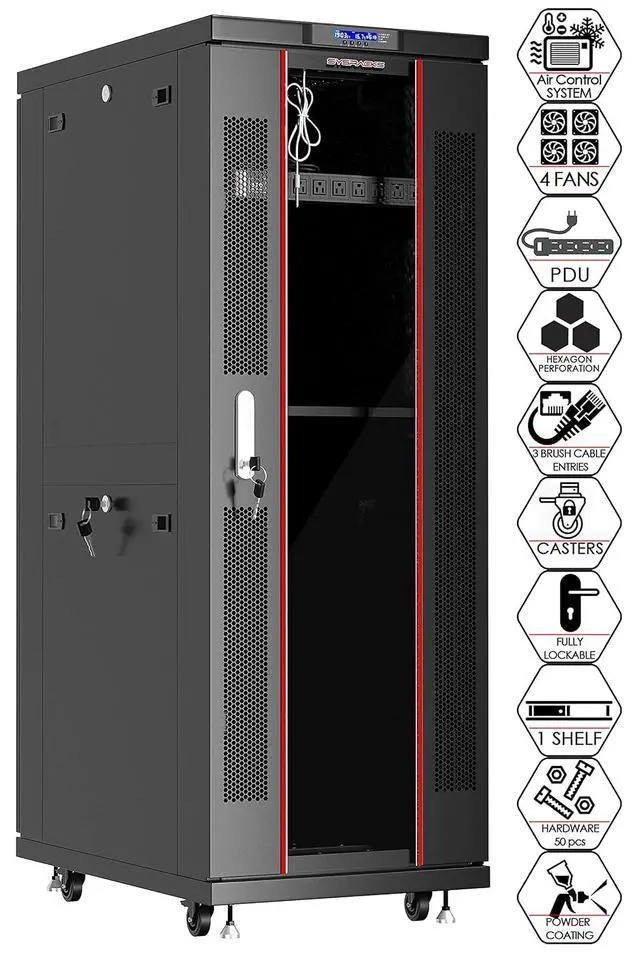 Alt view image 2 of 7 - 32U Server Rack Cabinet, 32" Deep, Glass Door, 19-Inch | 4-fan thermostat cooling, PDU, shelf, casters, cable brushes, 1600 lb capacity