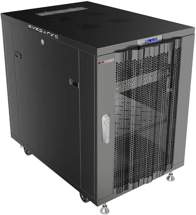 Main image of 18U Network Rack Cabinet, 32" Deep, Mesh Door, 19-Inch | LCD thermostat, 4 cooling fans, PDU, shelf, casters, 1600 lb capacity