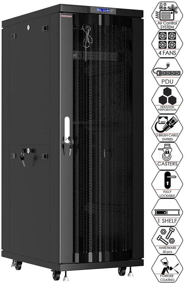 Main image of 32U Server Rack Cabinet 19" Floor Standing Rack Enclosure, 32" Deep IT Infrastructure Rack with Cooling Fans, Thermostat LCD, PDU, Shelf & Casters
