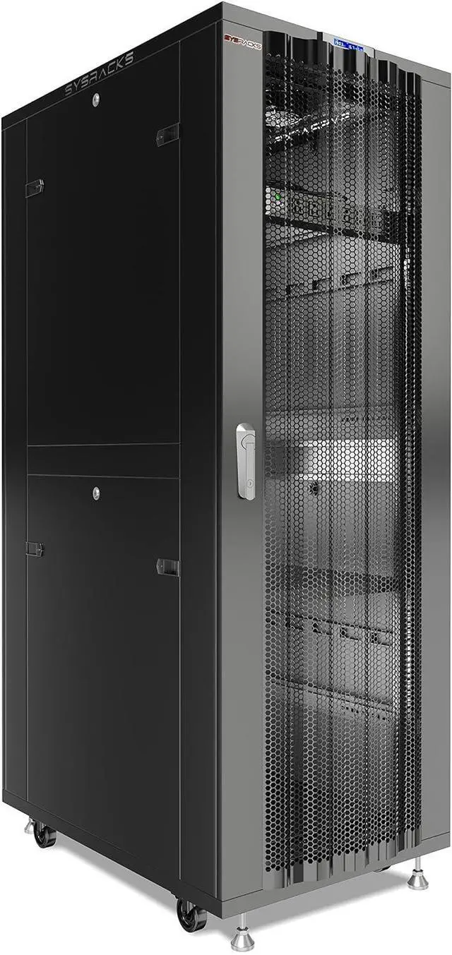 Main image of 42U Network Rack Cabinet, 32" Deep, Mesh Door, 19-Inch | LCD thermostat, 4 cooling fans, PDU, shelf, casters, 1600 lb capacity