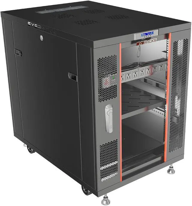Main image of 18U Server Rack Cabinet, 32" Deep, Glass Door, 19-Inch | 4-fan thermostat cooling, PDU, shelf, casters, cable brushes, 1600 lb capacity
