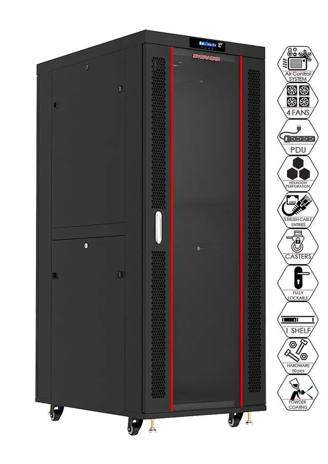 Alt view image 2 of 7 - 37U Server Rack Cabinet, 39" Deep, 19-Inch EIA-310 | LCD thermostat, 4 cooling fans, PDU, shelf, casters, lockable enclosure