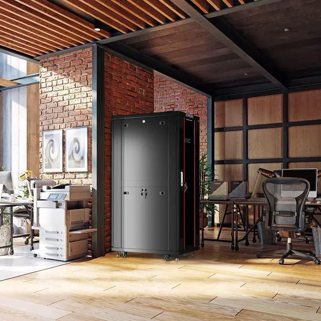 Alt view image 3 of 7 - 37U Server Rack Cabinet, 39" Deep, 19-Inch EIA-310 | LCD thermostat, 4 cooling fans, PDU, shelf, casters, lockable enclosure