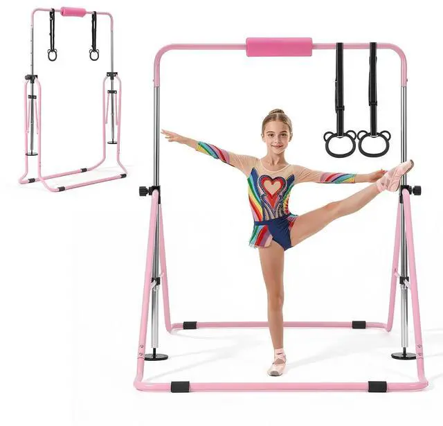Main image of Gymnastic Bars for Kids, 140 lbs Capacity Folding Training Kip Bar with Mat, 5 Adjustable Height Gymnastic Horizontal Bar Home, Training Equipment for Indoor Outdoor, Easy Assemble