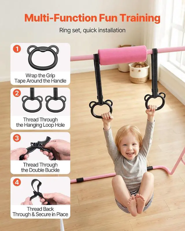 Alt view image 4 of 7 - Gymnastic Bars for Kids, 140 lbs Capacity Folding Training Kip Bar with Mat, 5 Adjustable Height Gymnastic Horizontal Bar Home, Training Equipment for Indoor Outdoor, Easy Assemble