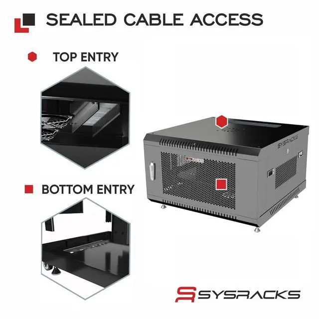 Alt view image 4 of 7 - 6U Wall Mount Server Rack, 24" Deep, Mesh Door, 19-Inch | Fan, PDU, shelf, cable brush panels, mounting hardware, casters and feet