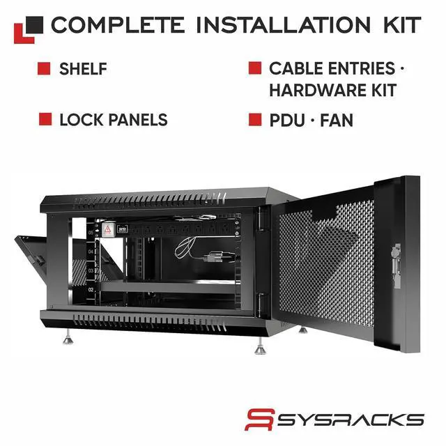 Alt view image 6 of 7 - 6U Wall Mount Server Rack, 24" Deep, Mesh Door, 19-Inch | Fan, PDU, shelf, cable brush panels, mounting hardware, casters and feet