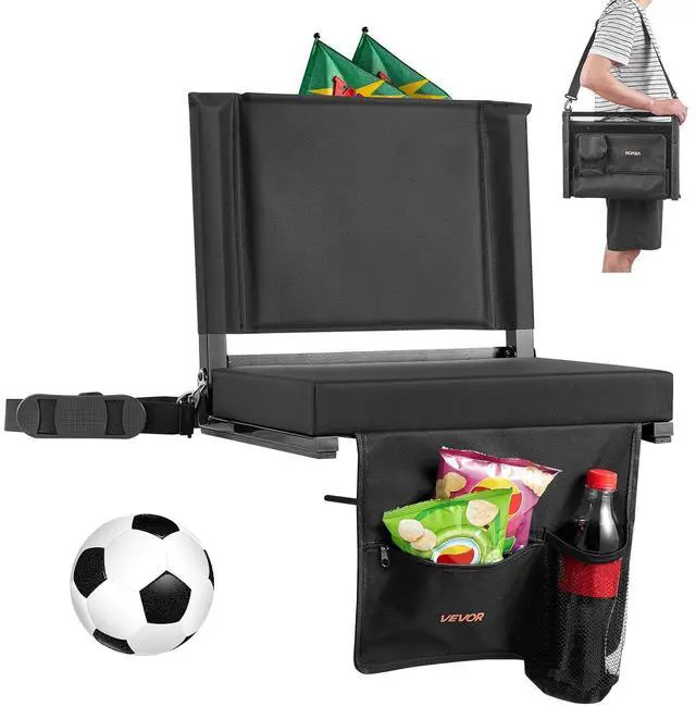 Main image of Stadium Seat, Folding Bleacher Chair with Back Support and Thick Cushion, Padded Stadium Seat for Bleacher Includes Shoulder Strap, Hooks, Cup Holder, and Side Pocket, Black Bleachers Chair