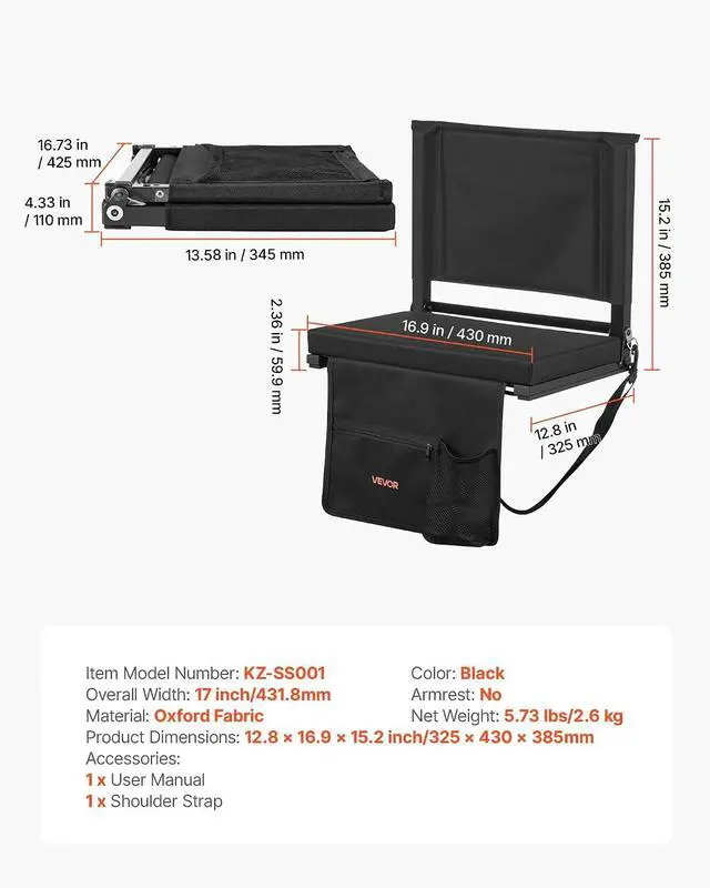 Alt view image 3 of 7 - Stadium Seat, Folding Bleacher Chair with Back Support and Thick Cushion, Padded Stadium Seat for Bleacher Includes Shoulder Strap, Hooks, Cup Holder, and Side Pocket, Black Bleachers Chair