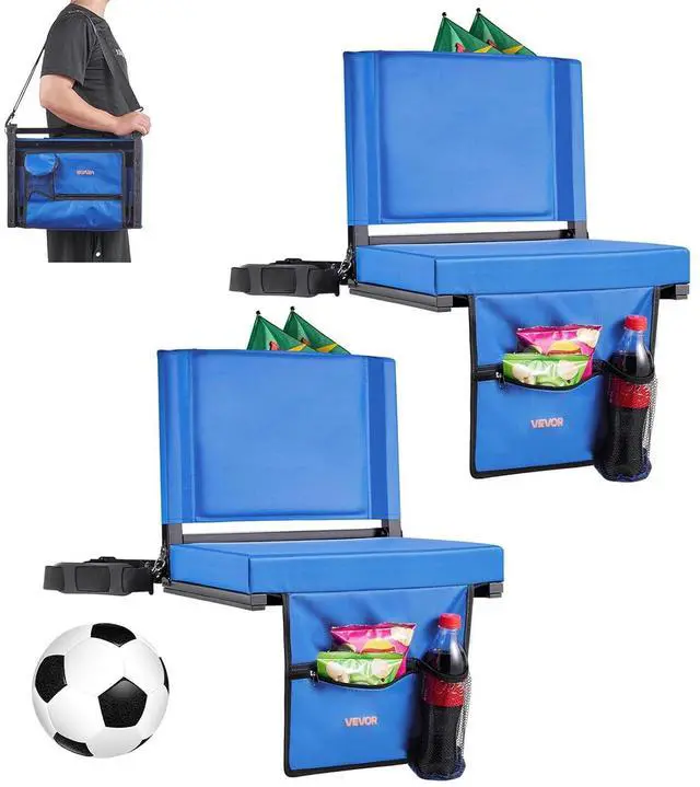 Main image of Stadium Seat, Folding Bleacher Seat with Back Support & Thick Cushion, Padded Stadium Seats for Bleacher Includes Shoulder Strap, Hooks, Cup Holder, and Side Pocket, Blue Bleachers Chair, 2PCS