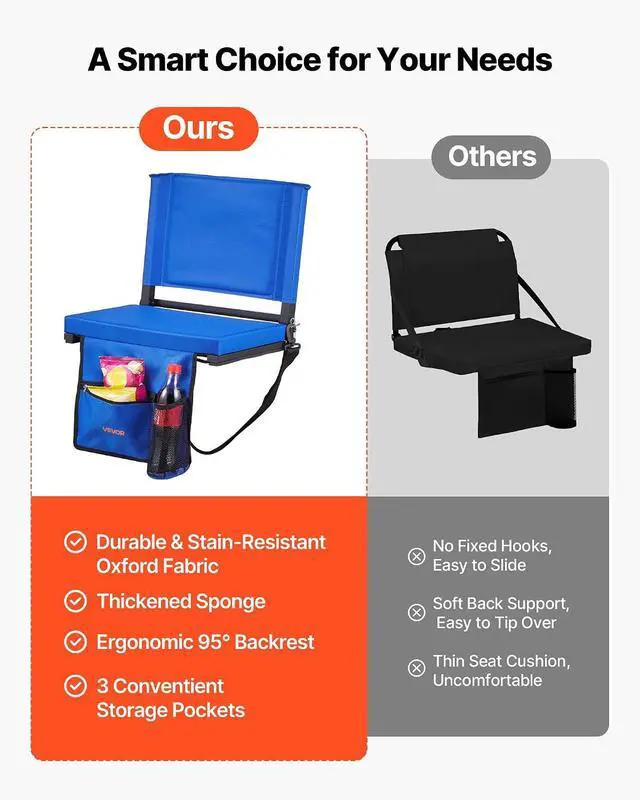 Alt view image 5 of 7 - Stadium Seat, Folding Bleacher Seat with Back Support & Thick Cushion, Padded Stadium Seats for Bleacher Includes Shoulder Strap, Hooks, Cup Holder, and Side Pocket, Blue Bleachers Chair, 2PCS