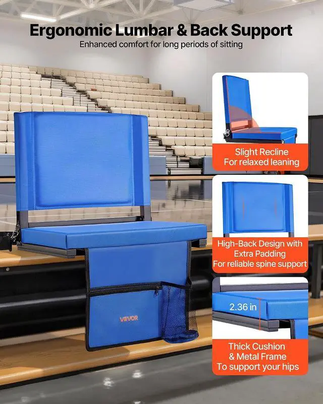 Alt view image 4 of 7 - Stadium Seat, Folding Bleacher Seat with Back Support & Thick Cushion, Padded Stadium Seats for Bleacher Includes Shoulder Strap, Hooks, Cup Holder, and Side Pocket, Blue Bleachers Chair, 2PCS