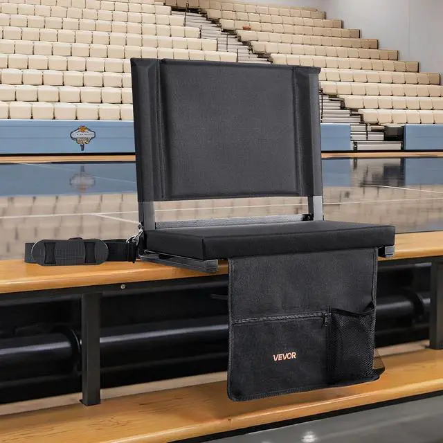 Alt view image 2 of 7 - Stadium Seat, Folding Bleacher Chair with Back Support and Thick Cushion, Padded Stadium Seat for Bleacher Includes Shoulder Strap, Hooks, Cup Holder, and Side Pocket, Black Bleachers Chair