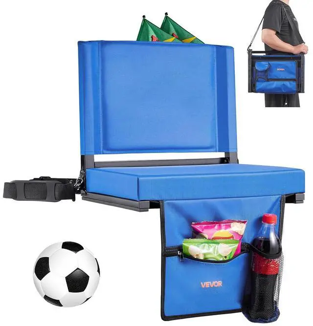 Main image of Stadium Seat, Folding Bleacher Chair with Back Support and Thick Cushion, Padded Stadium Seat for Bleacher Includes Shoulder Strap, Hooks, Cup Holder, and Side Pocket, Blue Bleachers Chair, 1PCS