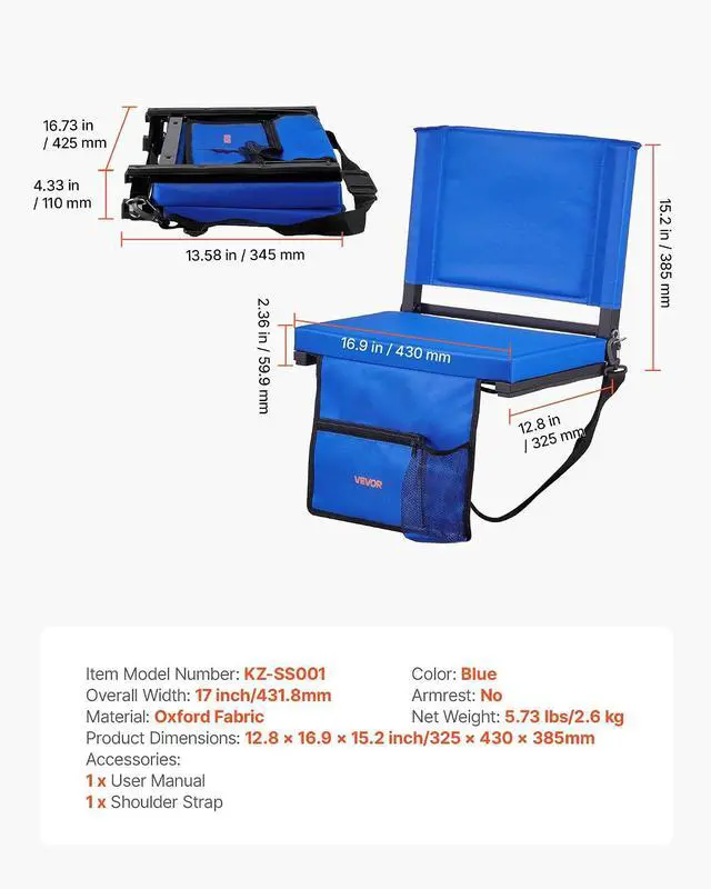 Alt view image 3 of 7 - Stadium Seat, Folding Bleacher Chair with Back Support and Thick Cushion, Padded Stadium Seat for Bleacher Includes Shoulder Strap, Hooks, Cup Holder, and Side Pocket, Blue Bleachers Chair, 1PCS