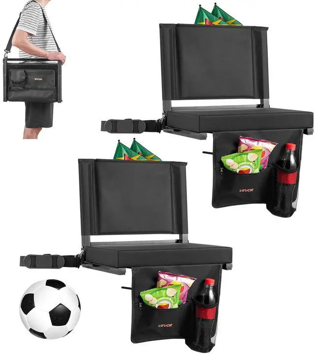 Main image of Stadium Seat, Folding Bleacher Seat with Back Support and Thick Cushion, Padded Stadium Seats for Bleacher Includes Shoulder Strap, Hooks, Cup Holder, and Side Pocket, Black Bleachers Chair