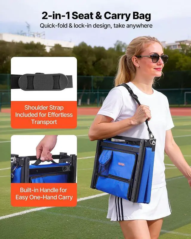 Alt view image 6 of 7 - Stadium Seat, Folding Bleacher Seat with Back Support & Thick Cushion, Padded Stadium Seats for Bleacher Includes Shoulder Strap, Hooks, Cup Holder, and Side Pocket, Blue Bleachers Chair, 2PCS