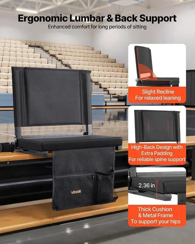 Alt view image 4 of 7 - Stadium Seat, Folding Bleacher Chair with Back Support and Thick Cushion, Padded Stadium Seat for Bleacher Includes Shoulder Strap, Hooks, Cup Holder, and Side Pocket, Black Bleachers Chair