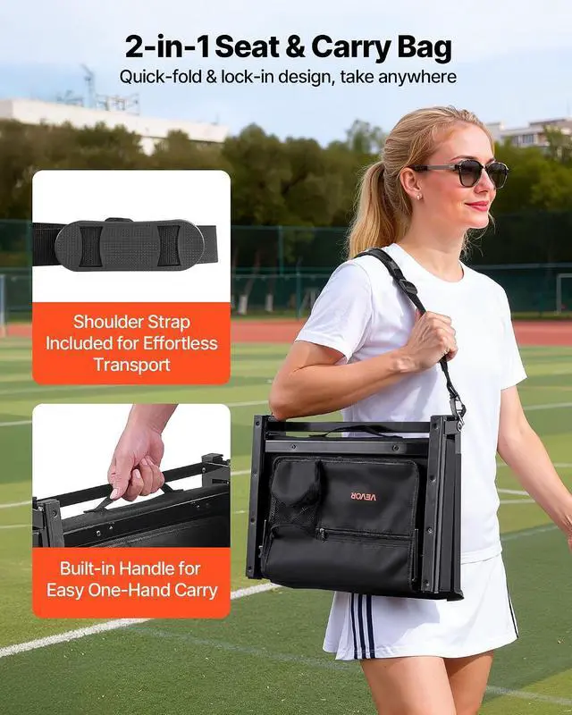 Alt view image 6 of 7 - Stadium Seat, Folding Bleacher Chair with Back Support and Thick Cushion, Padded Stadium Seat for Bleacher Includes Shoulder Strap, Hooks, Cup Holder, and Side Pocket, Black Bleachers Chair