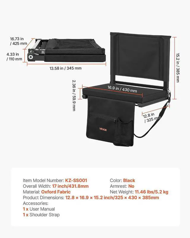 Alt view image 3 of 7 - Stadium Seat, Folding Bleacher Seat with Back Support and Thick Cushion, Padded Stadium Seats for Bleacher Includes Shoulder Strap, Hooks, Cup Holder, and Side Pocket, Black Bleachers Chair