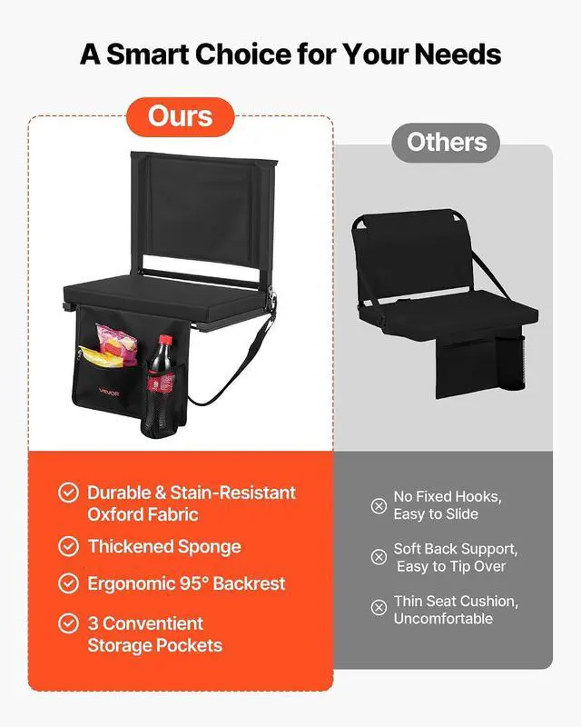 Alt view image 5 of 7 - Stadium Seat, Folding Bleacher Seat with Back Support and Thick Cushion, Padded Stadium Seats for Bleacher Includes Shoulder Strap, Hooks, Cup Holder, and Side Pocket, Black Bleachers Chair